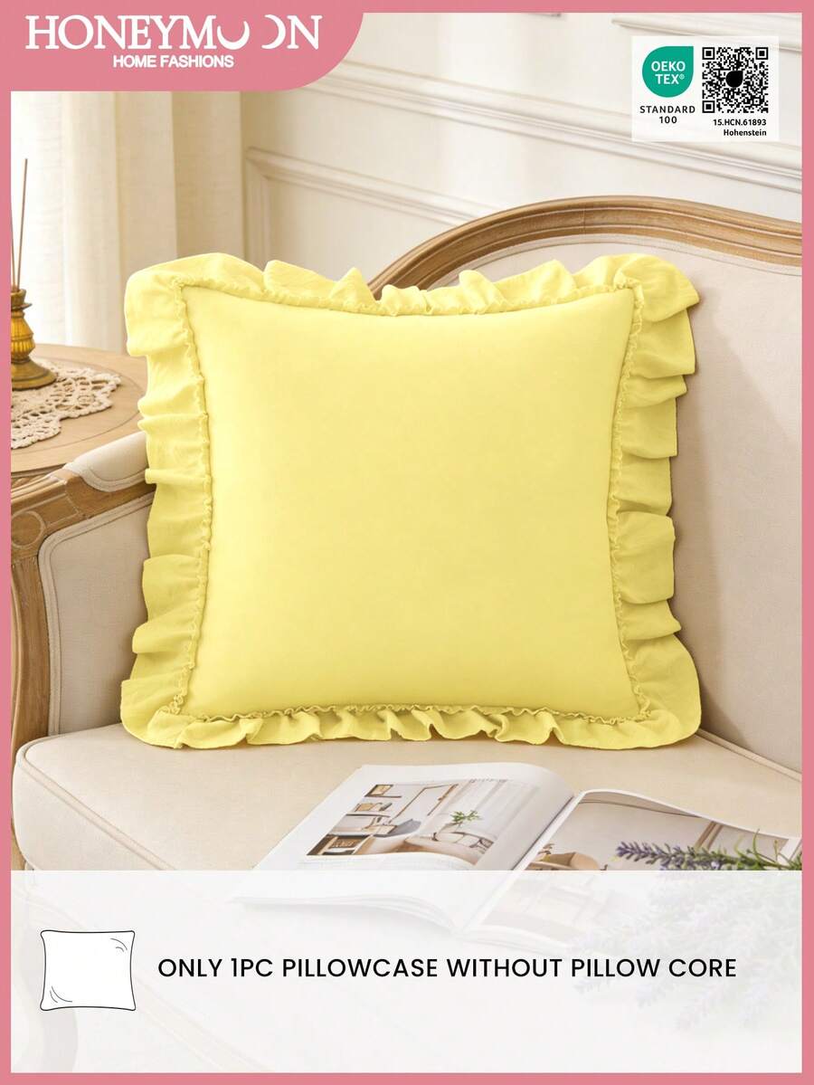 1pc Honeymoon Series Ruffled Quilted Throw Pillow Cover - Made Of Polyester Velvet Fabric, Romantic French Style Ruffled Pillow Sham (Pillow Insert Not Included), Envelope Closure, Wrinkle-Resistant, Machine Washable, OEKO-TEX Certified, Light Yellow - Pale Yellow - View 1