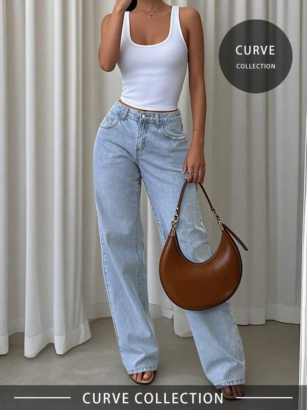 Plus Size Vintage Blue Loose Wide Leg Jeans, Women's, Casual Versatile, Slimming, Spring/Summer New, Straight Cut, Suitable For Holidays, Festivals, Denim Outfits, Jeans, Pants, Outings, Women's Jeans, Women's Denim Outfits, Women's Jeans, Bottoms