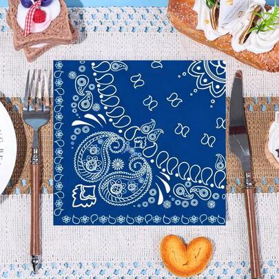 20pcs/40pcs/60pcs,Blue Bandana Cocktail Dinner Paper Napkins 2-Ply Paisley Print Bandana Blue Lunch Dinner Tableware Disposable Dessert Tissues For Wild West Birthday BabyShower Party Supplies Decoration,6.5 X 6.5 Inch,Cowboy Theme Party Western Disposable Napkin For Western Cowboy Birthday Rodeo Wild Yeehaw Bday