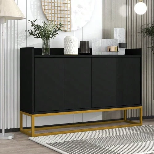 Modern Sideboard In Minimalist Style 4-Türiger Griffloser Buffetschrank Für Esszimmer, Wohnzimmer, Küche (Schwarz) - Black - View 1