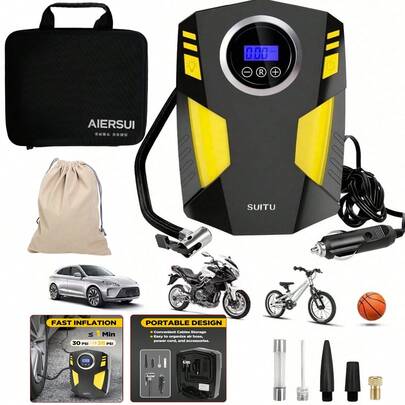 Tire Inflator, Portable Air Compressor, 150psi Wired Smart Air Pump, Car Inflator, No Battery Required, Built-In Led Light, Features Rapid Inflation And Automatic Shut-Off, Suitable For Cars/Motorcycles/Bicycles/Balls, Essential For Cars/Car Accessories/Gift