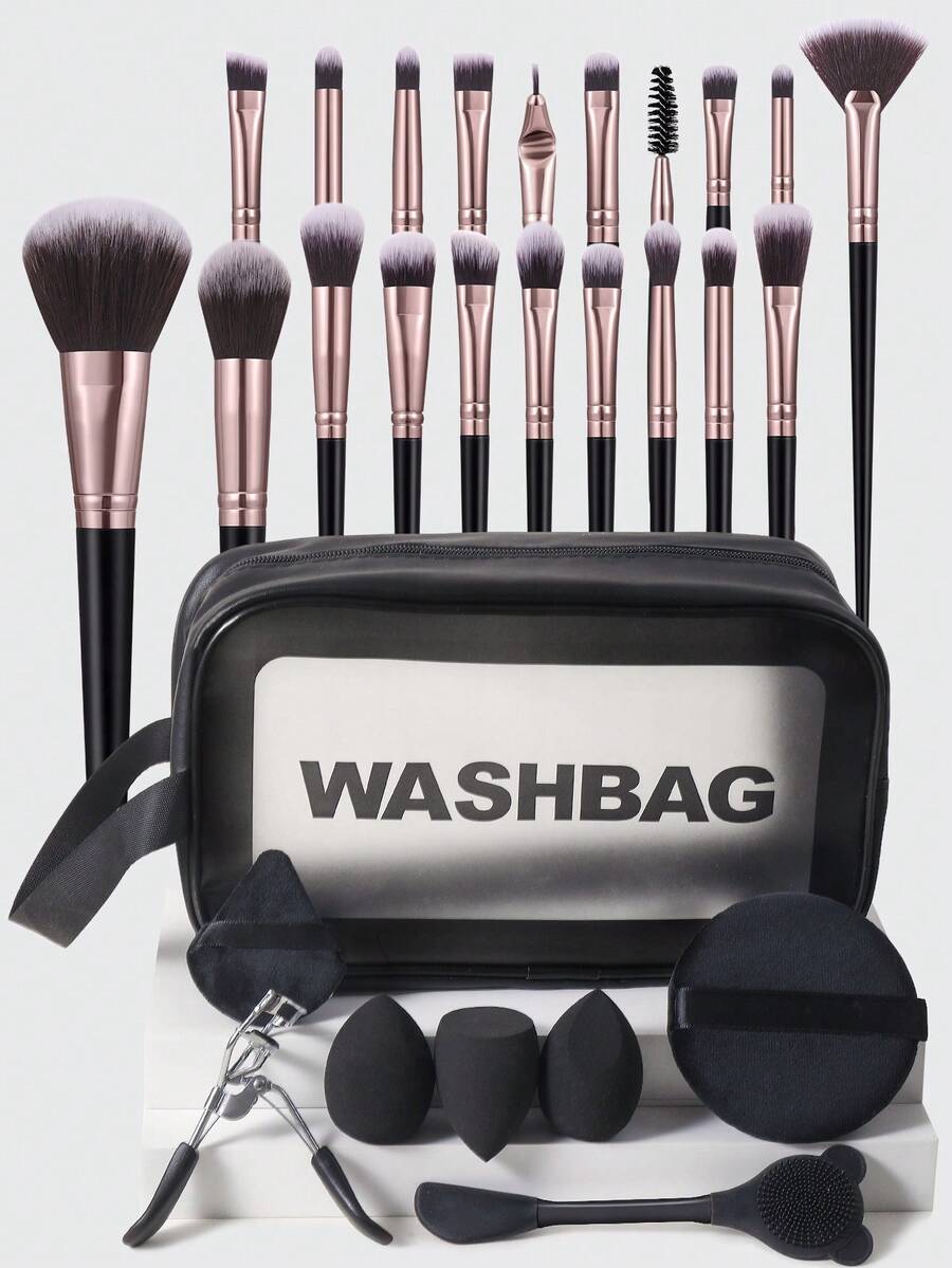 28PCS Makeup Tools Set Including:20PCS Makeup Brush Set+1pc Multi-Functional Zipper Toiletry And Cosmetic Bag Waterproof+1pc Triangle Powder Puffs+1pc Eyelash Curler+3PCS Makeup Sponges+1pc Circular Powder Puffs+1pc Facial Mask Brush,All-In-One & Beginner-Friendly | Travel-Ready & Gift-Ready | Perfect For Newbies/Her - Black - View 1