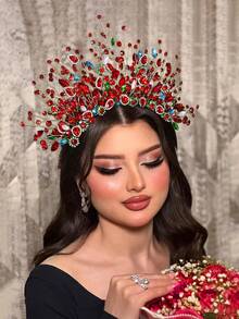 1pc Glamorous Red Crystal Crown Headband, Bridal Hair Accessory Suitable For Wedding, Party, Easter,Festival,Birthday - Red - View 2