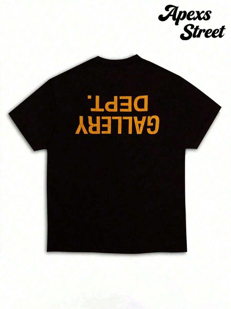 Gallery "Cream Orange" Shirt, Cotton Printed T-Shirt,Men's Graphic Stylish Design T-Shirt,Vintage Casual Hip-Hop Style For Outdoor Leisure Activities - 黑色 6 - 查看 1