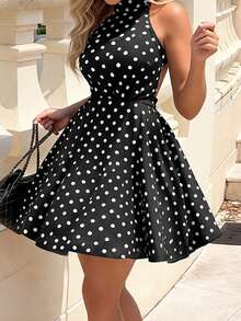 Women's Polka Dot Print Halter Backless Elegant Dress Party - Black - View 8