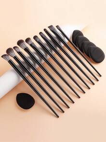 10pcs Eye Makeup Brushes + 5pcs Makeup Sponges Set, Soft Hair Eye Shadow Brush, Concealer Brush, Eyebrow Brush, Beginner Full Makeup Tools - Black - View 3
