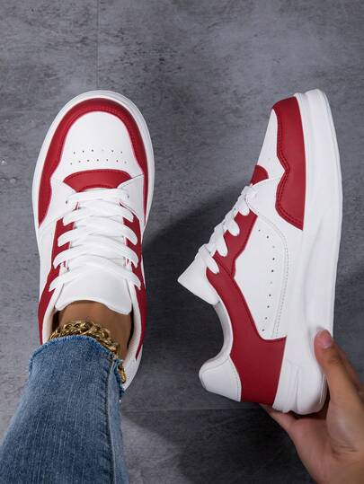 Women's Outdoor Casual Red Breathable Mesh Low-Top Lace-Up Soft Bottom Skateboard Shoes, Campus Style Daily Wear Comfortable Sports Sneakers