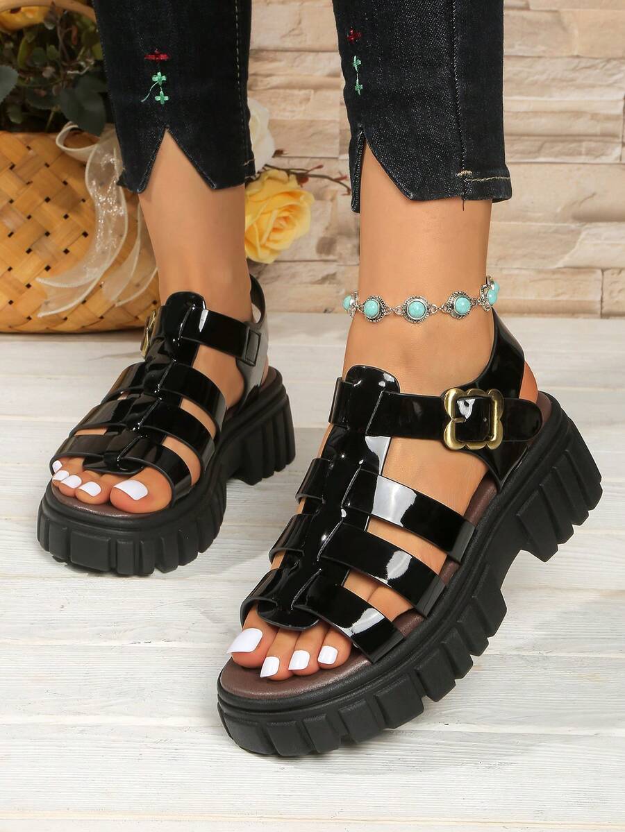 Giày sandal nữ đế xuồng cao, thoáng khí, gót dày, kiểu dáng retro, chất liệu dệt kim, thích hợp cho sinh hoạt hàng ngày. - màu đen - Xem 1