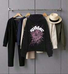 Male And Female NeutralMen's Cartoon Character Print Long Sleeve Casual Hooded Sweatshirt,Spider Web Print Hoodies Men Gothic Punk Long Sleeve Sweatshirts Pants Streetwear Autumn Casual Hop Loose Pullovers-Tailoring Suitable Men Suitable Autumn And Winter OrnamentalWarm And Comfortable - màu đen - Xem 5