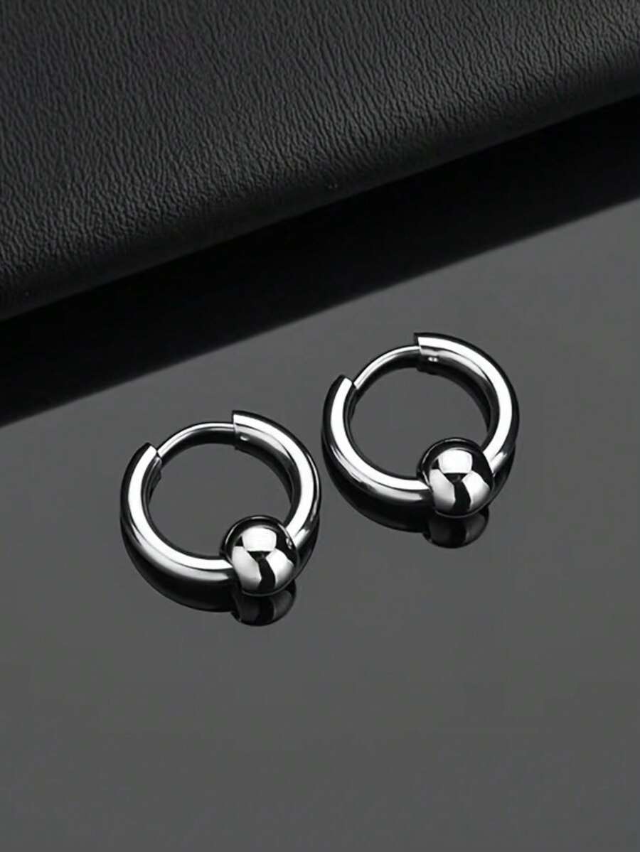 两只男士不锈钢银色耳环 - 銀色 - 查看 1