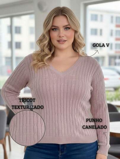 Blusa Plus Size Feminina  Casual    Tricô    Suéter Gola V Básica Inverno Manga Longa