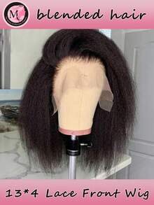 Tóc giả pha trộn - Sự kết hợp giữa tóc thật và tóc tổng hợp, tóc giả xoăn thẳng Yaki tự nhiên màu đen dành cho phụ nữ da đen, tóc giả ren phía trước, tóc giả xoăn thẳng không cần keo, tóc giả xoăn đã được tỉa sẵn, tóc tự nhiên (kiểu bob 8-16 inch) - Tự nhiên & Đen - Xem 2