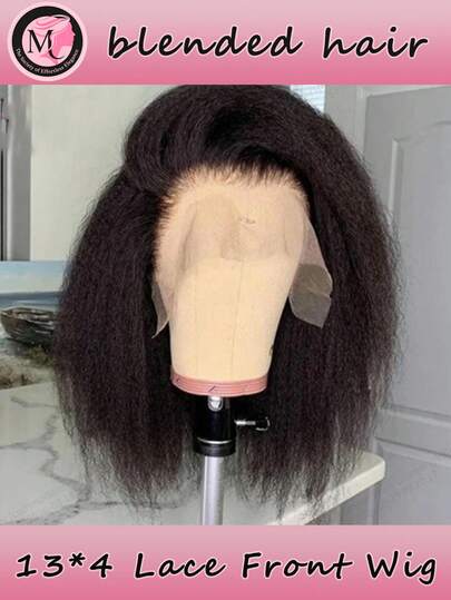 Tóc giả pha trộn - Sự kết hợp giữa tóc thật và tóc tổng hợp, tóc giả xoăn thẳng Yaki tự nhiên màu đen dành cho phụ nữ da đen, tóc giả ren phía trước, tóc giả xoăn thẳng không cần keo, tóc giả xoăn đã được tỉa sẵn, tóc tự nhiên (kiểu bob 8-16 inch)