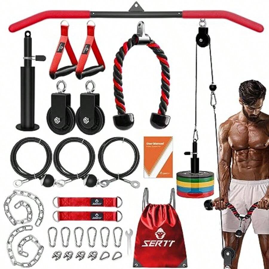 B0z5SGj8 Home Gym Pulley System - Tricep Workout Lat Pulldown Biceps Curl Triceps Shoulders Back Forearm Weight Cable For Squat Rack Garage - Red - View 1