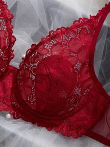 Sexy Red Bunny Ears Lace Bra For Women - Sheer Embroidered Underwire Bralette, Perfect Halloween Pajamas & Night Wear For Fall - Red - View 2