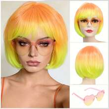 Cyberpunk Bob Wig & Glasses Set - 10 Neon Colors With Adjustable Fringe | Multi-Tone Synthetic Hair For Cosplay, Rave, Halloween & Daily Bold Fashion (Hot Red/Lime Green/Orange/Light Pink/Plum Purple/Neon Blue/Neon Lilac/Golden Blonde/Black) - 黃色 - 查看 4