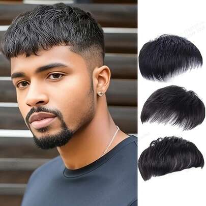 Tóc giả nam màu đen, lưới thoáng khí, kẹp cài, kích thước 16*18cm, tóc thật, che phủ hiệu quả tóc thưa.