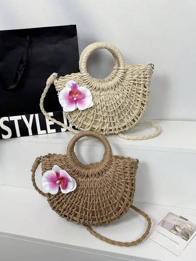 Túi xách rơm họa tiết hoa mùa hè, túi tote đan rỗng đeo vai, túi đi biển tươi mát cho nữ, túi rơm đan rỗng thủ công, túi tay cầm tròn trang trí hoa, túi đeo chéo thường ngày cho kỳ nghỉ của nữ.