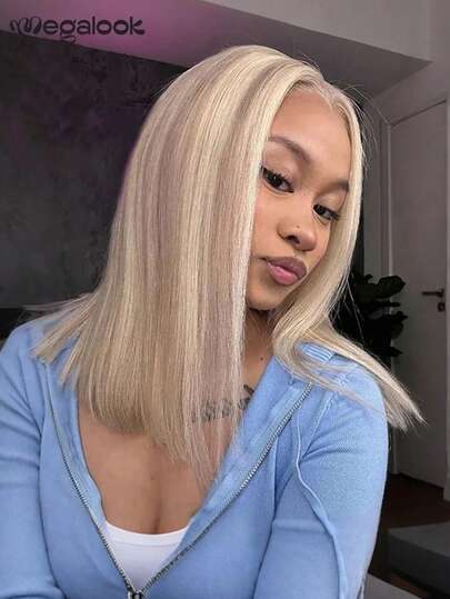 MEGALOOK Blonde With Highlight Color Straight 6x5 Lace Front Wigs 10-30 Inches -100% Human Hair Wig Pre-Cut Lace Bleached Knots Plucked Hairline - No Glue Needed Natural Looking Daily Use Office Ready Corpse Bride Halloween Vibes Party Style Y2K Baddie Vacation Outfits Outdoor Cosplay Campus School Holiday Christmas Part Wedding Festival Ready For Women