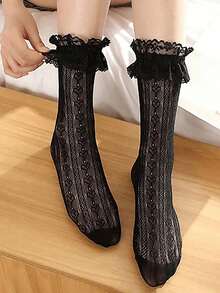 1 Pair Of Women's Solid Color Romantic Pleated Lace Trimmed Heart-Shaped Small Leg Socks. Cute Hollow Mesh Style, Lace Lace Love Socks, Suitable For School Gatherings, Daily Wear, Is A Great Gift, Halloween Gift, Halloween Decorative Socks, Christmas Decoration, Back To School Season, Travel Season, Valentine's Day, Fall - 1 đôi màu trắng - Xem 7