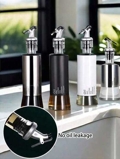 1pc Stainless Steel Oil Bottle, Glass Soy Sauce & Vinegar Bottle, Kitchen Seasoning Bottle With Measurement Scale
