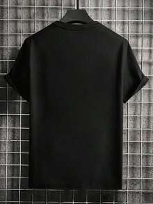 Camiseta Blanca de Manga Corta con Cuello Redondo y Diseño Minimalista de Montaña para Hombre, Verano - Negro - Ver 3