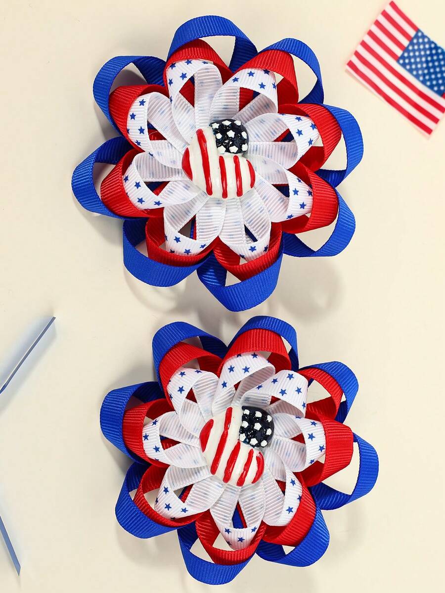 2PCS Independence Day Flower Hair Clips For Girls 4th Of July Glitter Star Multicolor Striped Fabric Bow Hair Clips, Red&Blue American Flag Print Bow Hair Clips, Personalized Alligator Clips For Holiday Party Hair Barrettes Teens Hair Accessories - Multicolor - View 1