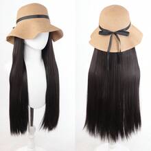 20英寸合成假发配沙滩帽，直发一体式假发帽，夏季防晒帽，黑色长直发全头假发 - Dark Brown - 查看 6