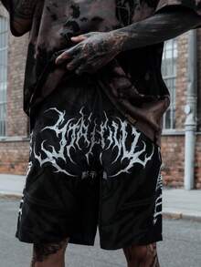 FRACTYR Men's Summer Casual Street Fashion Gradient Dark Metal Font Graphic Loose Breathable Printed Shorts - Black - View 7