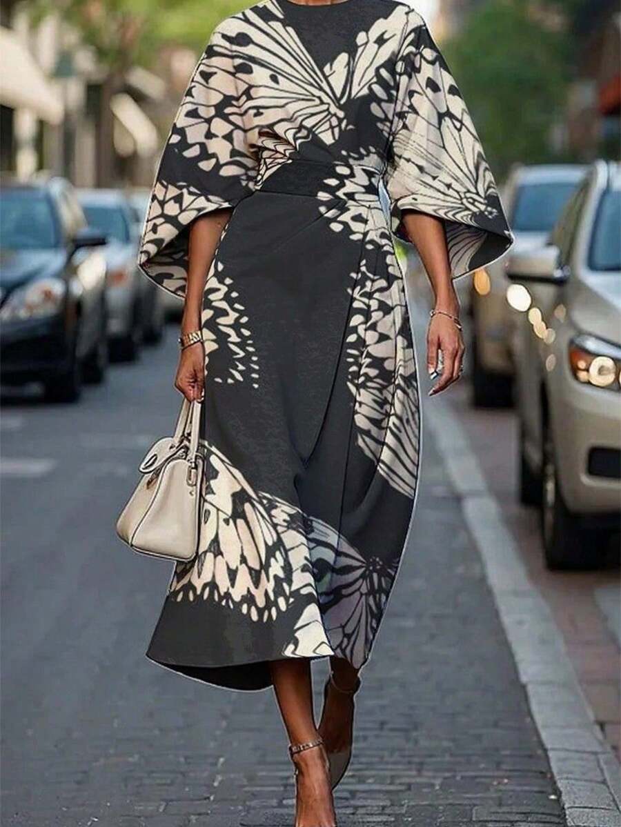 Elegant Butterfly Print Long Dress For Women Round Neck Flared Hem - Dark Grey - View 1