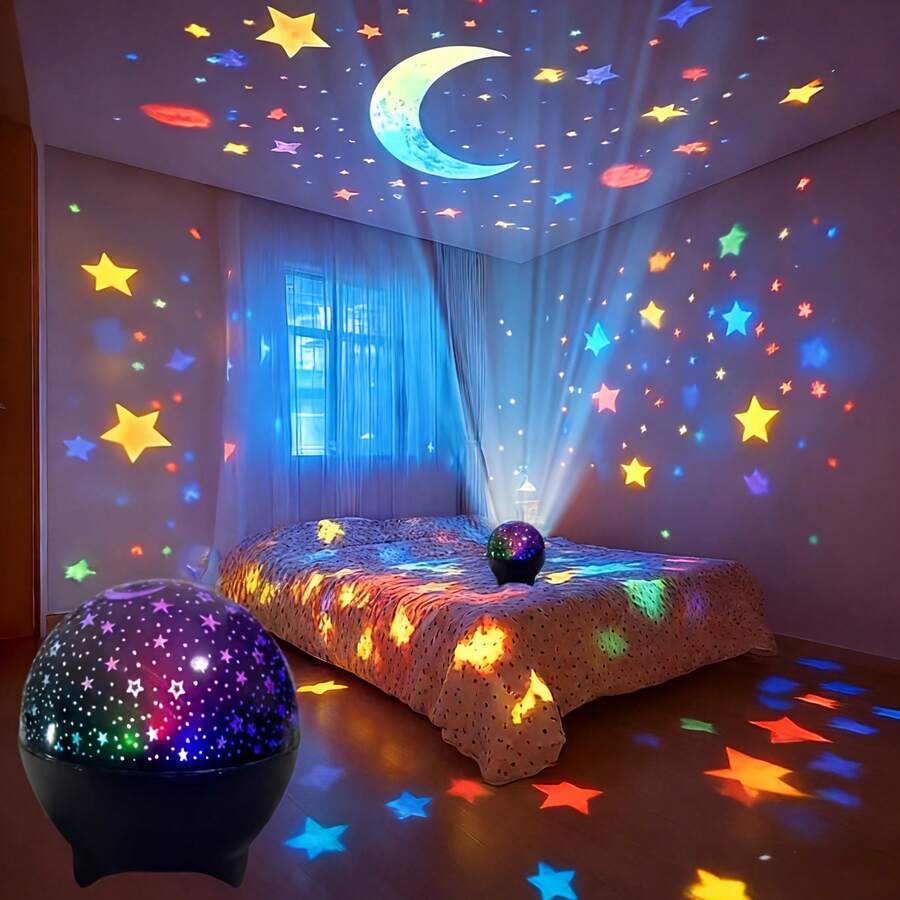 新款星月投影灯 | USB供电黑色星空月亮投影氛围灯/房间装饰投影灯/闪烁动态太空氛围夜灯，适用于客厅、KTV、卧室和酒吧的LED氛围照明 - 适合各种节日、复活节、万圣节、开斋节，是完美的礼物之选