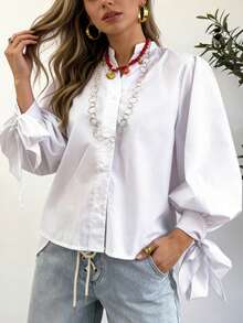 Women's New Spring & Summer Bestselling White Basic Shirt With Puff Sleeves And Bow Tie Cuffs, Perfect For Daily Commute & Casual Wear - White - View 5