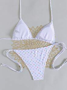 Đồ bơi gợi cảm hở lưng, bộ bikini hai dây họa tiết da báo, đồ bơi đi biển phổ biến kiểu Châu Âu và Mỹ, bộ bikini dây mảnh hở lưng họa tiết động vật buộc hai bên, đồ bơi co giãn dành cho nữ, trang phục đi biển mùa hè. - Nền trắng với những chấm nhỏ nhiều màu sắc. - Xem 6