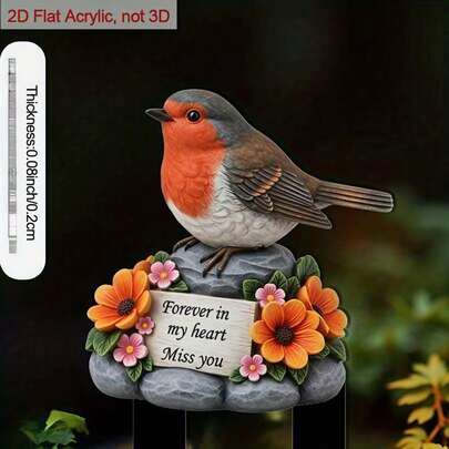 1 pieza Estaca de pájaro de acrílico 2D con base floral, "Por siempre en mi corazón" grabado, adecuado para decoración de jardín al aire libre, maceta y decoración del patio, escultura de pájaro que cumple con 11 usos festivos, estaca de jardín de acrílico resistente a la intemperie, decoración de estilo vintage, marcador de jardín conmemorativo