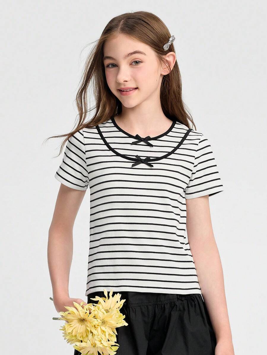 Balabala Girls' New Arrival Sweet Polka Dot Short Sleeve Summer T-Shirt Top With Bow Details - Black and White - View 1