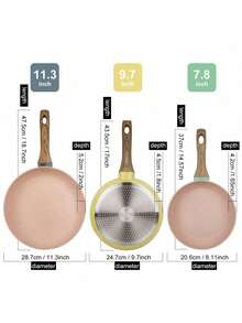 ABKOK 一套1/3个煎锅，加厚锅底，不粘涂层，易于清洁的木柄。有9.7英寸/11.3英寸/7.8英寸三种尺寸可选，适用于各种炉灶和厨房，不粘锅。 - 查看 4