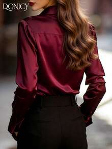 DONICY 女士纯色条纹翻领单排扣衬衫外套，时尚优雅复古奢华外套，适合休闲、商务、约会、派对、圣诞节、新年等场合。 - 酒紅色 - 查看 2