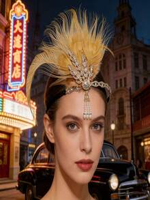 1920s Baffle Feather Headband Roaring 20s Bohemian Headpiece Women's 1920s Headband Baffle Feather Headpiece Diamond Pattern Zinc Alloy - Multicolor - View 3