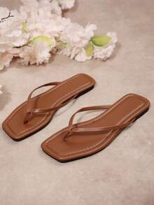2026 Summer New Square Toe Flip Flops For Women, Minimalist Thin Strap Flat Sandals, Versatile Beach Holiday Slippers - Brown - View 3