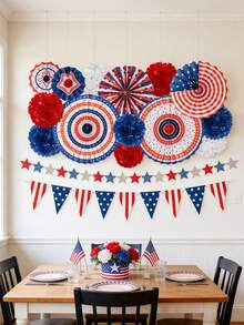 1 set de décoration patriotique pour le 4 juillet, comprenant des éventails en papier rouge, blanc et bleu, un drapeau américain, des rubans décoratifs en forme d'étoiles, des ballons colorés. Convient pour le Jour de l'Indépendance, le Jour des Anciens Combattants, le Jour du Drapeau, le Jour du Souvenir. - Multicolore - Voir 7