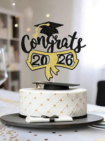 1/2个祝贺毕业蛋糕装饰插牌，黑色金色闪光毕业证书毕业帽蛋糕插牌，2026届毕业主题蛋糕装饰，适用于2026届毕业主题学校毕业派对。