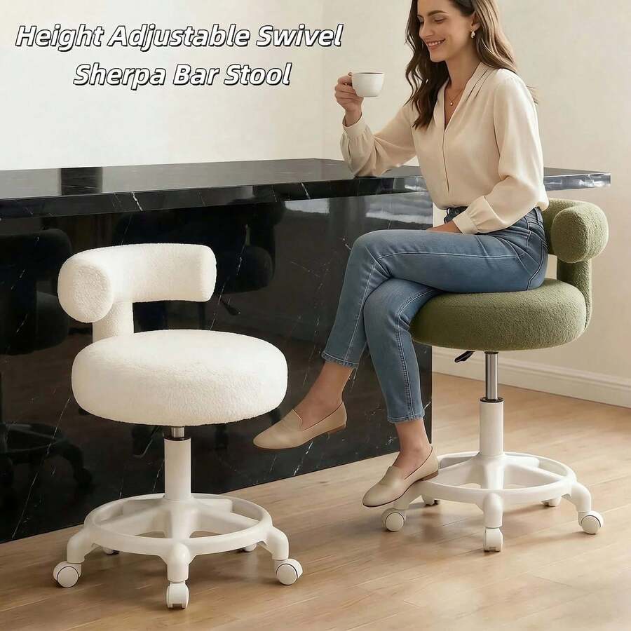 Light Luxury Teddy Fleece Rolling Stool, Adjustable Height Swivel Bar Stool, Office Chair, Soft Plush Vanity Chair With Wheels. Ideal For Bar Counter, Home, Office And Bedroom Makeup, Perfect Gift For Family,Counter Height Bar Stools With Backs - Nhiều màu - Xem 1