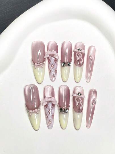 Girl's Whispers 10pcs Handmade Press-On Nails | Pink-White Gradient Cat Eye With Bow & Plaid Pattern | Long Almond Sweet Girl Style Detachable Fake Nails
