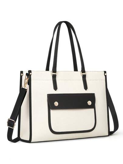 Handheld Tote Bag Laptop Bag, 15.6-Inch Canvas Handbag, Waterproof, Large-Capacity Work Bag, Lightweight, Office Briefcase, Business Computer Bag, Fashionable Shoulder Bag, Handbag, Suitable For Work, School, Daily Use, And Going Out, Black