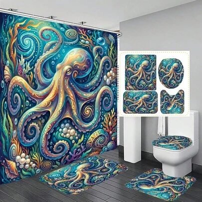 1件/4件套彩色章鱼图案浴室装饰浴帘套装，赠送12个挂钩，营造优雅节日氛围，包含浴室地垫、U型马桶垫和圆形马桶垫，适用于各种浴室场景。