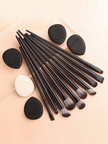 10pcs Eye Makeup Brushes + 5pcs Makeup Sponges Set, Soft Hair Eye Shadow Brush, Concealer Brush, Eyebrow Brush, Beginner Full Makeup Tools - Black - View 5