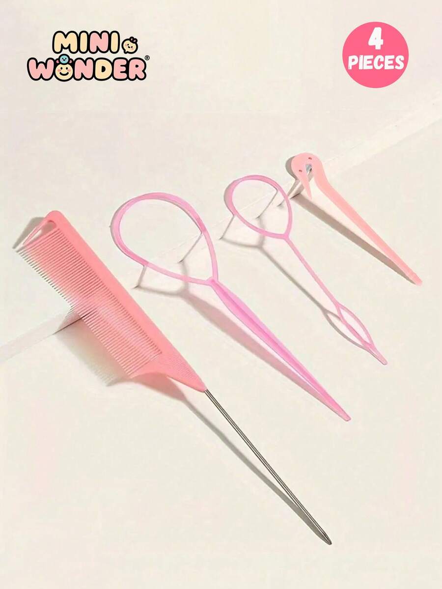 4pcs Hair Styling Tool Set, Includes 2 French Braiding Rings, 1 Tail Comb, And 1 Hair Tie Cutter - Multicolor - View 1