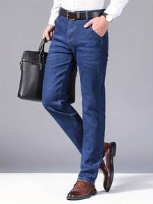 Men's Solid-Color Pure Cotton Slim-Fit Jeans Solid Dark Blue Slim Fit Long-Length Dark-Wash Denim Washed Workwear Style Perfect Gift For Husbands Or Boyfriends Office Commuting Casual Outings Work Or Vacation Urban Style - 常規藍色L30 - 查看 6