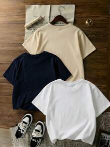 Bộ 3 áo thun nữ mùa hè cổ tròn tay ngắn, in hình các thành phố Mỹ cổ điển - Paris, Los Angeles, Milan, Ý, phong cách tối giản, thường ngày. - trắng - Xem 8