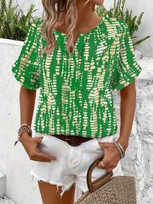 Women's Summer Casual V-Neck Short Sleeve Printed Shirt, American Vintage Texture Print Shirt, Vacation Style Flattering Versatile Design - Green - View 3